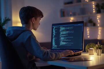 A teenager is sitting at a desk, typing on a laptop, following a step-by-step coding tutorial for beginners on a bright, clean workspace.