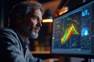 A mature man in front of a computer screen displaying climate data, reviewing weather patterns and forecasting upcoming weather events in a modern office setting.