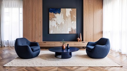 Generative AI, Modern living room featuring sculptural blue armchairs, a cobalt coffee table, and a beige and navy abstract painting in a warm, light-filled design