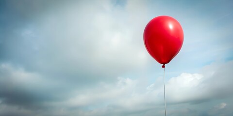 Obraz premium Red balloon floating in a cloudy sky during the day brings a sense of joy and wonder to viewers