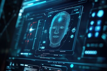 Obraz premium A futuristic AI chatbot interface displayed on a computer screen with a digital assistant offering assistance, in a sleek, modern design with blue and white color tones.