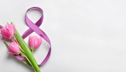 Fototapeta premium Celebrate International Women’s Day on 8 March with a Spring Inspired Design Featuring a Purple Awareness Ribbon and Pink Tulips on White Background. Perfect for Events, Campaigns, and Social Media