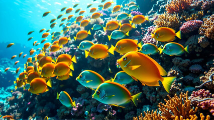 Vibrant Group of Tropical Fish Swimming Among Colorful Coral