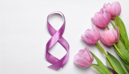 Fototapeta premium Celebrate International Women’s Day on 8 March with a Spring Inspired Design Featuring a Purple Awareness Ribbon and Pink Tulips on White Background. Perfect for Events, Campaigns, and Social Media