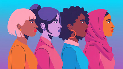 Women of different nationalities and skin colors together. The concept of women's unity in the fight for their rights against discrimination. Poster for Women's Solidarity Day.