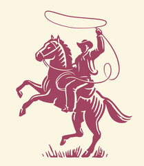Cowboy man with lasso on horse. Ranch, cattle ranching, rodeo emblem or symbol. Vector illustration