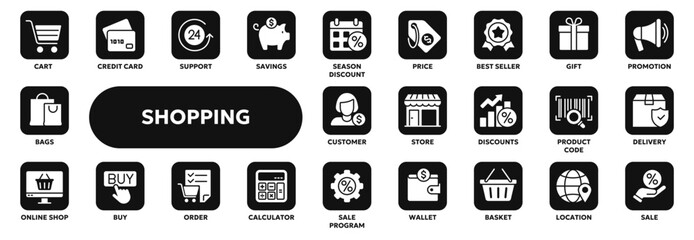Set of vector solid icons related to shopping, e-commerce, retail store. Symbols for website or app ui, logo design, illustration