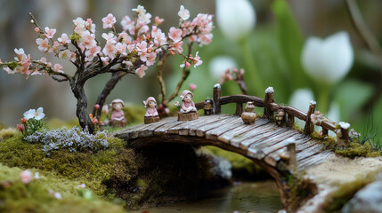 Miniature forest with cherry blossoms, dogwood, lavender flowers, a wooden bridge, hand-carved elf figurines, silk flowers, and dried moss, set in a peaceful, light green meadow.