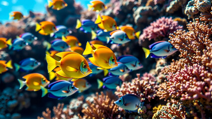 Vibrant Group of Tropical Fish Swimming Among Colorful Coral