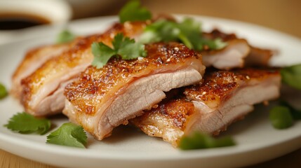 Crispy Roasted Pork Belly with Fresh Cilantro Garnish on Plate