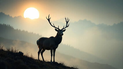 Majestic Stag Standing Proudly On A Misty Hillside