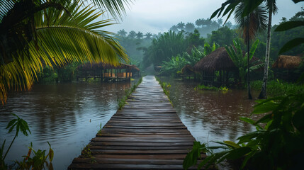 Obraz premium Wooden walkway through a flooded Amazonian rainforest with thatched huts.