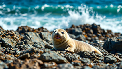 A Playful Baby Seal Resting On A Rocky Shore