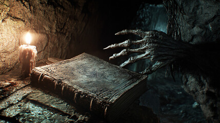 Fototapeta premium a mystical book in a dark room, lit only by a candle and a skeleton hand in the background