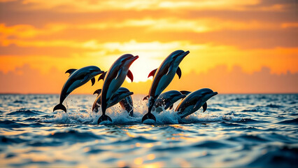 Group Of Dolphins Leaping Out Of The Water