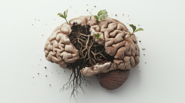 cracked brain with roots sprouting, symbolizing growth and transformation. This unique representation highlights connection between knowledge and nature, evoking curiosity and wonder