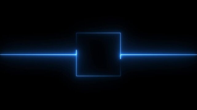 Abstract black background, blue color neon box with glowing neon lines on black background. Glowing Neon light frame rectangle loading icon background in 4k video animation.