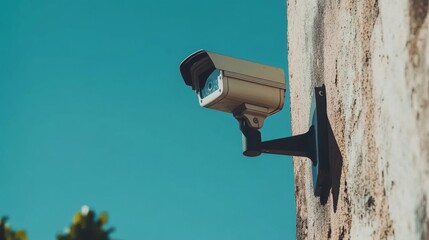 Security Camera Mounted on Wall Against Clear Blue Sky