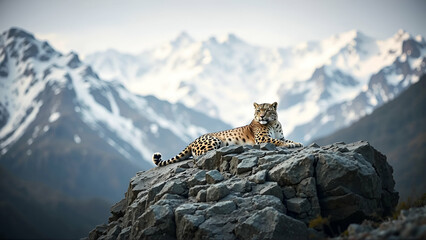 Solitary Snow Leopard Resting On A Rocky Outcrop