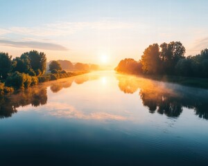 Fototapeta premium Tranquil Sunrise Over Calm River with Mist and Lush Greenery