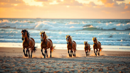 Family Of Wild Horses Galloping Across A Sandy Beach