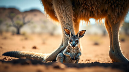 Curious Baby Kangaroo Peeking Out From Its Mother's Pouch