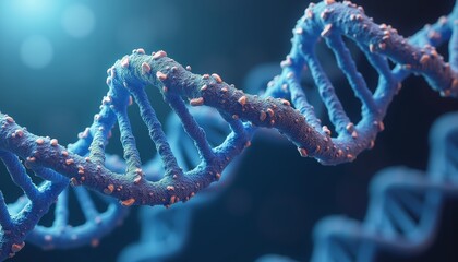 Close up view of DNA helix structure against dark starry sky background,