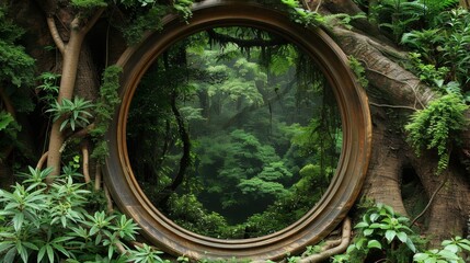 Enchanted round window in an ancient tree, revealing a mystical forest scene full of greenery and natural magic