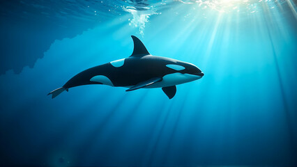 Striking Orca Swimming Gracefully Through The Deep Blue Ocean