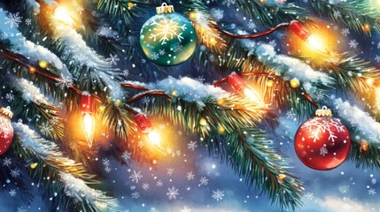 Festive Christmas Tree Branches with Baubles and Snowflakes