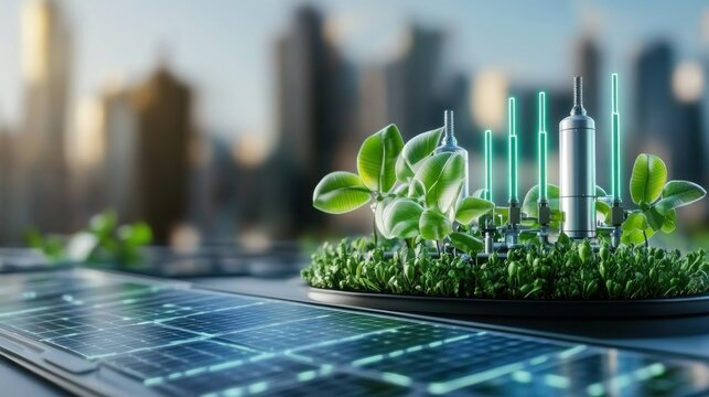 Green technology concept with plants and test tubes highlighting sustainability in an urban setting.