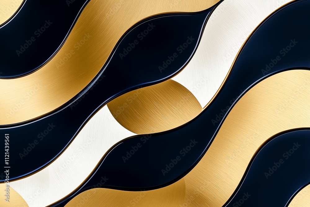 Poster An abstract wave-like pattern in metallic gold and deep navy blue with shimmering effects
