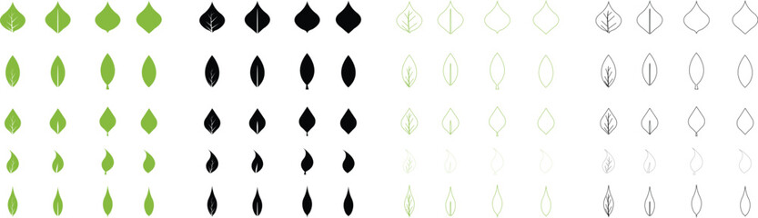 Set of green and black leaf icons. Leaf Shapes Collection ecology nature element eco, bio, Environment, vegan labels flat and line vector. Trees and plants Leaves isolated on transparent background.