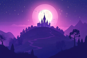 Fantasy Castle Silhouette with Moonlit Sky and Purple Forest Vector Illustration