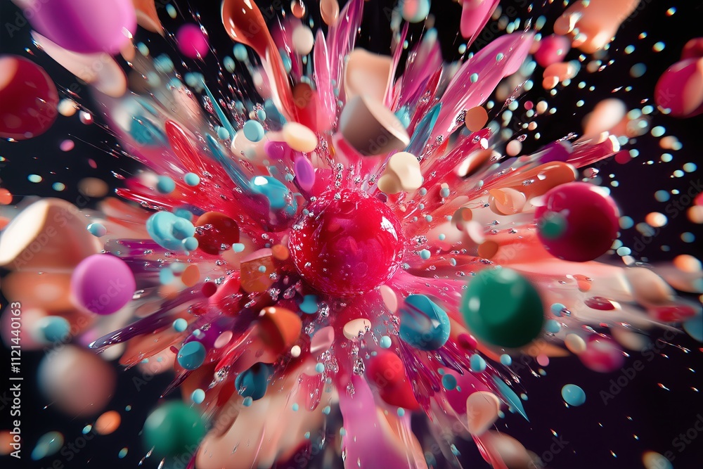 Poster an abstract explosion of tiny particles in vibrant shades, frozen mid-burst