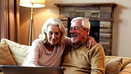 Joyful senior couple sharing a moment on a cozy sofa, watching a digital device. Warm, relaxing home atmosphere with smiles and bonding.