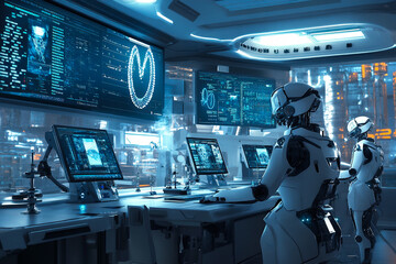 Futuristic robots working at high-tech control center with advanced screens in a neon-lit urban environment