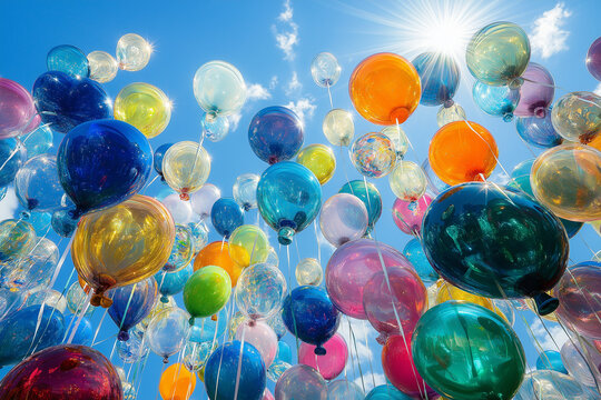 bunte Ballons vor strahlend blauem Himmel

