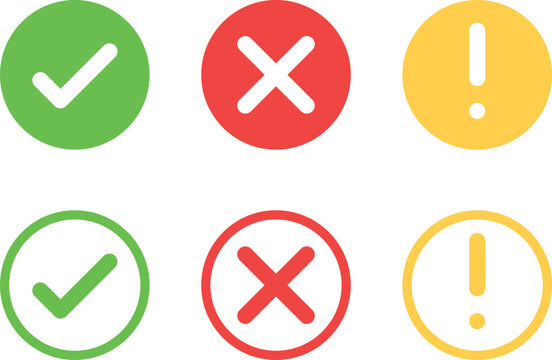 check mark icon button set. check box icon with right and wrong buttons and yes or no checkmark icons in green tick box and red cross. exclamation mark information icon