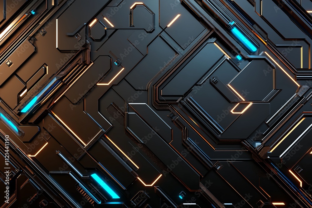 Poster a texture of overlapping metal plates in a futuristic design with glowing blue seams.
