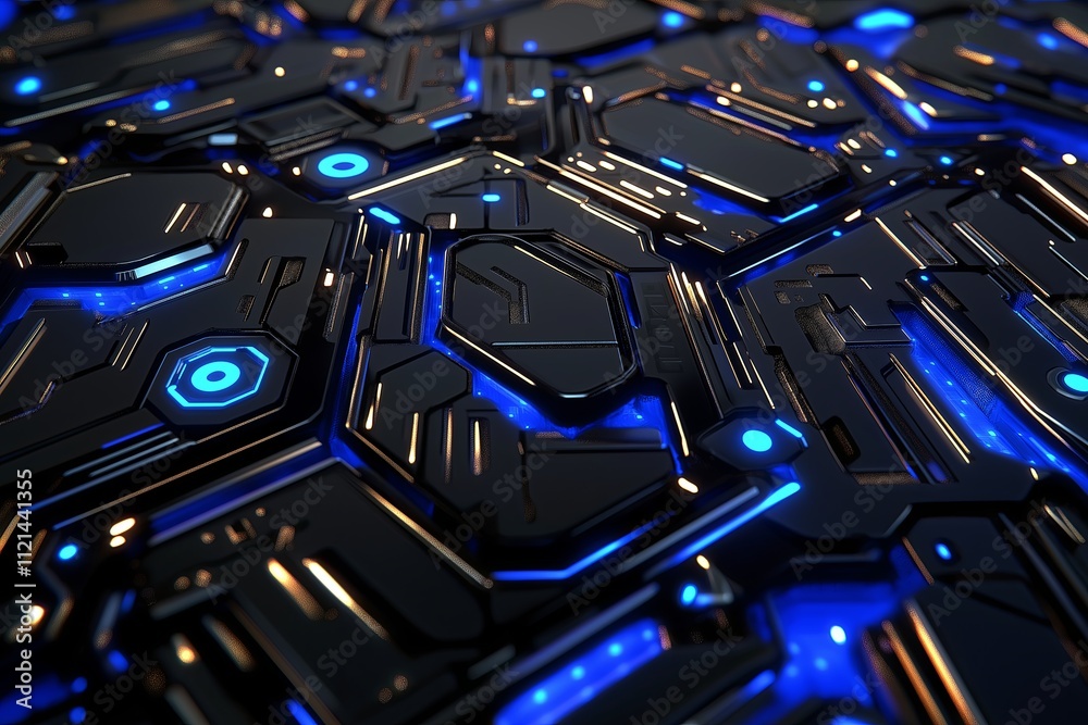 Poster a texture of overlapping metal plates in a futuristic design with glowing blue seams.