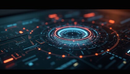 A futuristic digital interface with various holographic displays, glowing lines, and a central circular element resembling a technological device or mechanism. The background has a dark, moody atmosph