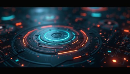 A futuristic digital interface with various holographic displays, glowing lines, and a central circular element resembling a technological device or mechanism. The background has a dark, moody atmosph