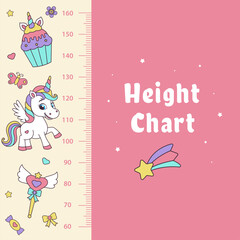 Unicorn height chart. Height chart with magic elements and unicorn.