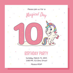 Unicorn invitation. Birthday party invitation card with unicorn and birthday anniversary number.