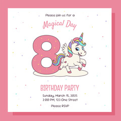 Unicorn invitation. Birthday party invitation card with unicorn and birthday anniversary number.