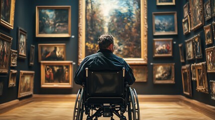 A man in a wheelchair admires artwork in a gallery.