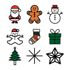 Collection of christmas icons including santa, gingerbread man, snowman, and tree isolated on white background