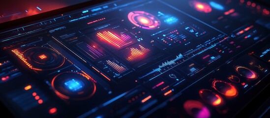 Obraz premium Futuristic digital interface with glowing red and blue elements.