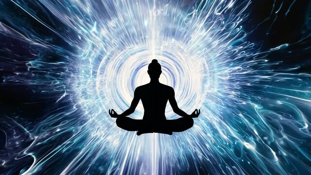 Silhouette of a person meditating in lotus position. Surreal enlightenment, metaphysical awakening esoteric motion graphics. Meditation, transcendence, spiritual aura, chakra healing concept.